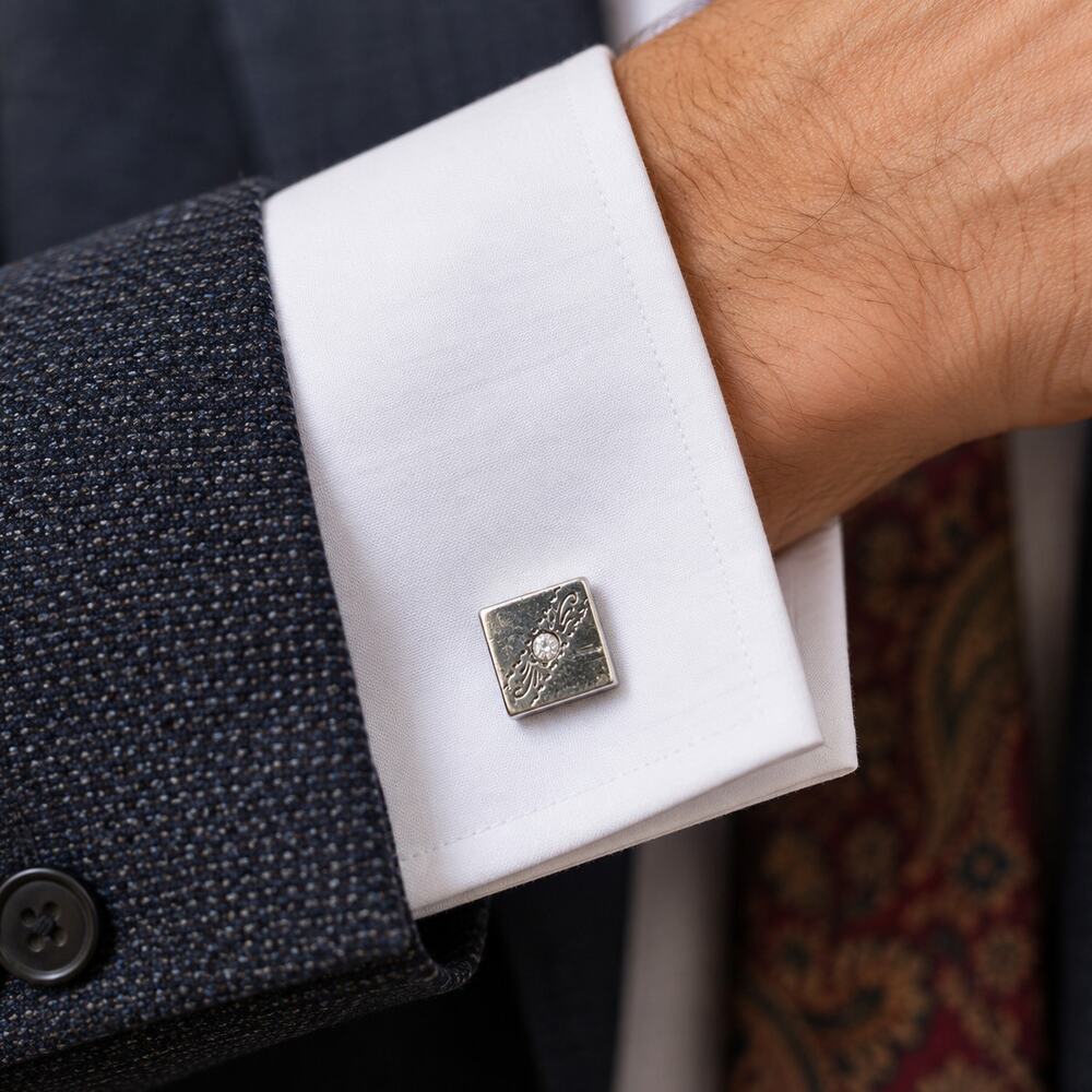 Vintage MCM Silver Tone & Rhinestone Cube Cufflinks